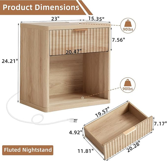 LEYAOYAO Fluted Nightstand with Charging Station, 23" Wide 1 Drawers End Table,Natural Night Stand with Open Storage Cabinet, Farmhouse Bed Side Tables, Wood Dresser for Bedroom, Living Room, Closet