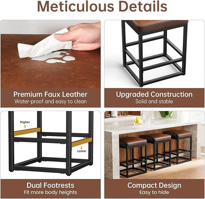 Counter Height Bar Stools Set of 2, 24" Barstools for Kitchen Countertop, Faux Leather Counter Stools with Thick Square Seats & Sturdy Metal Base, Simple Assembly, Brown