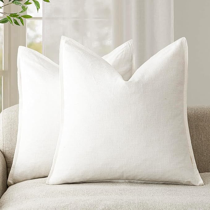 Foindtower Pack of 2, Decorative Linen Soild Throw Pillow Covers Soft Accent Cushion Case Boho Farmhouse Neutral Pillowcase for Chair Couch Sofa Bedroom Living Room Home Decor 24 x 24 Inch Cream White