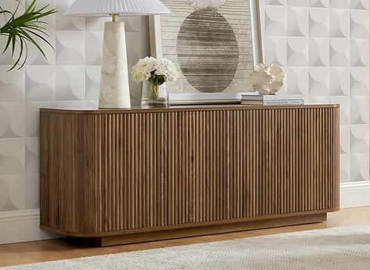 LKTART 64" Sideboard Buffet Cabinet with Storage, Wooden Fluted Storage Cabinet Sideboard Credenza with Adjustable Shelves Pressed Spring for Kitchen Living Room (Walnut)
