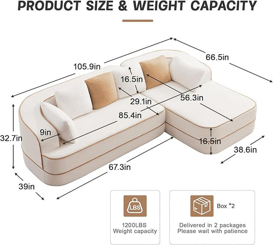 Cloud Sectional Sofa Modern Boneless Couch for Living Room, Comfy Deep Seat Comfy Teddy Fabric Double Sofa Chaise No Assembly Required (White, 106" L Shape with Right Facing)