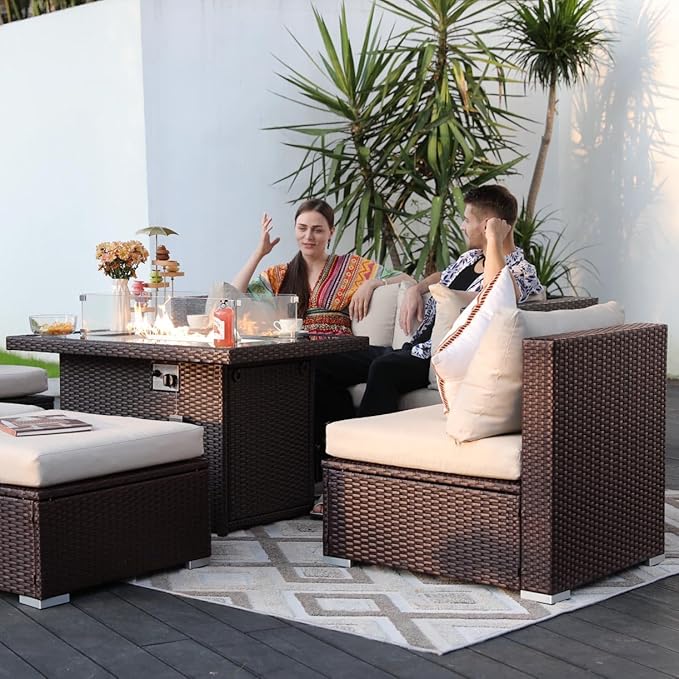 NICESOUL 29.3'' High Backrest Patio Furniture Sectional Set, 7 Piece Outdoor Conversations with Fireplace Natural Gas Propane Convertible, Deep Large Funky PE Rattan Sofa Couches for Backyard, Brown