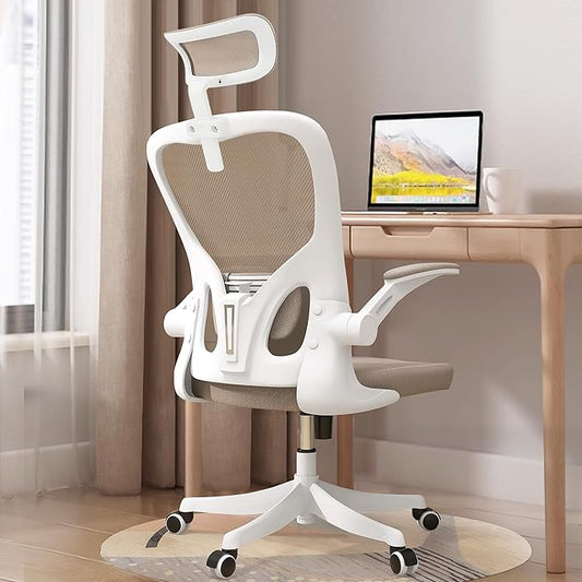 Monhey Office Chair Ergonomic Desk Chair with Lumbar Support&Headrest&Flip-up Arms Height Adjustable Rocking Swivel High Back Computer Chair Warm Taupe Mesh Study Chair (04White+Khaki)