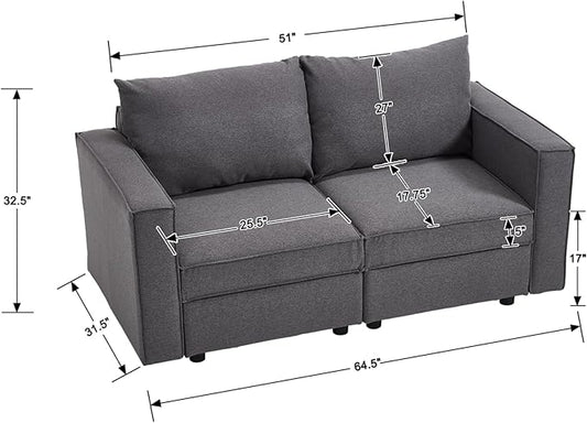 64.5 inch Loveseat, Small Modular Sectional Linen Fabric Sofa Set, Modern Convertible Comfortable Sofa Couch for Living Room/Apartment, Grey