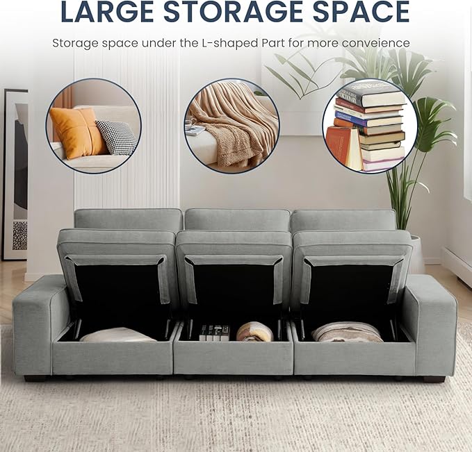 TEKAMON 128" Modular Sofa Couch with Seat Storage, Chenille Sofa，Modern Comfy 4-Seater Couch for Living Room, Office, Apart W/Deep Seat, Wide Armrest, USB, Pockets, Removable Covers (Light Grey)