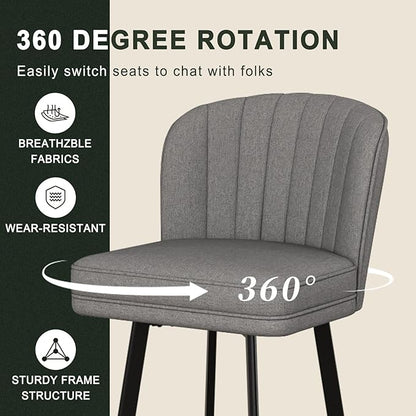 Swivel Counter Height Bar Stools Set of 2, 30'' Modern Barstools with Backs and Metal Legs, Upholstered Bar Chairs,Mid-Gray,Fabric Stools for Kitchen Island Chairs