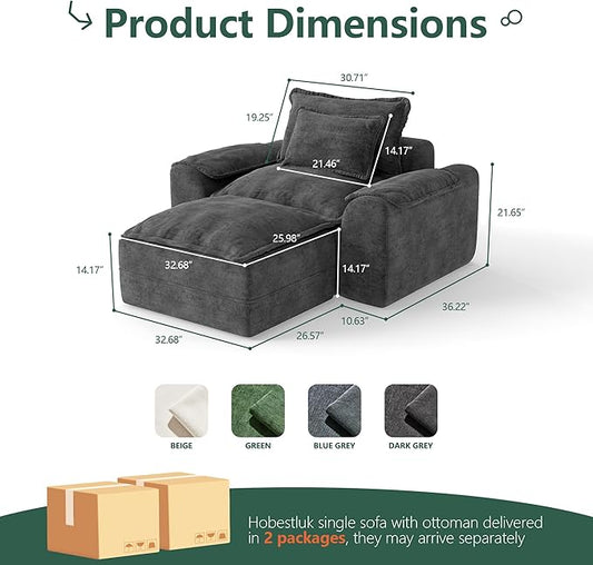 Hobestluk Cloud Single Sofa with Ottoman Memory Foam Couch with Deep Seat L Shaped Sofa with Removable Cover Large Couch for Living Room (Dark Grey, Single Sofa with One Ottoman)