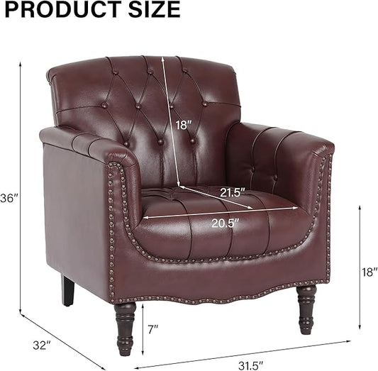 Faux Leather Accent Chair, PU Leather Modern Comfy Upholstered Armchair with Wood Legs & Nailhead Trim for Living Room, Bedroom