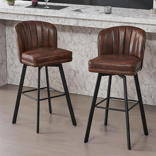 Swivel Counter Height Bar Stools Set of 2, 30'' Modern Barstools with Backs and Metal Legs, Upholstered Bar Chairs, Faux Leather Brown Stools for Kitchen Island Chairs