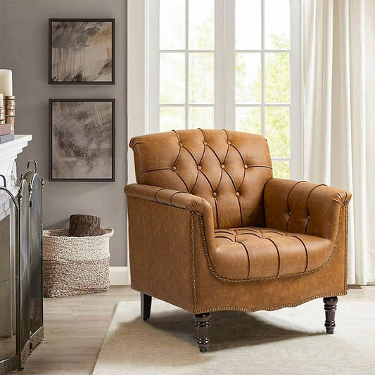Pia Ricco Modern Tufted Accent Chair, Single Faux Leather Armchair with Nailhead Trim & Wood Legs, Comfortable Upholstered Seat for Living Room, Office - Camel