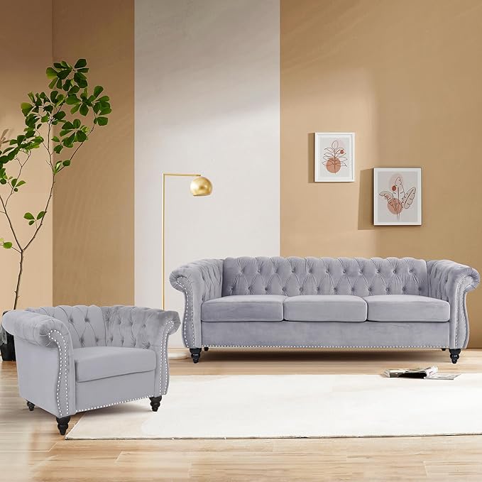 Home Sofa Living Room Furniture, 3 Seater 84" Velvet Upholstered Couch, Mid Century Modern Comfy Couch with Cushions, Classic Tufted Chesterfield Couches for Bedroom, Office, Apartment (Grey)