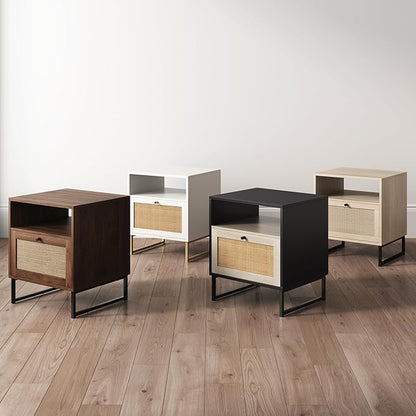 Nathan James Mina Rattan Wood End Side Accent Table Nightstand with Storage for Living Room or Bedroom, 1, White/Gold