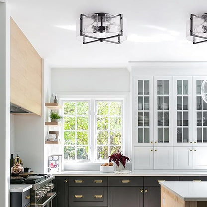 Bofea-Industrial Flush Mount Ceiling Light, Black Circular 4-Lights Farmhouse Hallway Light Fixture, Water Ripple Flush Mount Fixture Perfect for Kitchen Island,Dining Room and Hallway.
