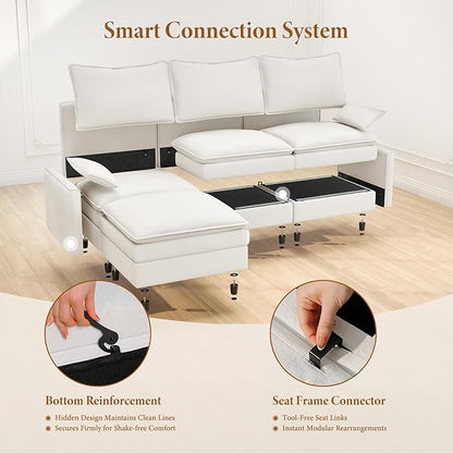 Vesgantti 101" V-Shaped Corner Couch Sectional, 7 Seat Customizable Modular Cloud Couches with Movable Ottoman, Chenille Deep Seat Sofa Set with Chaise for Living Room, Bedroom and Apartment, White