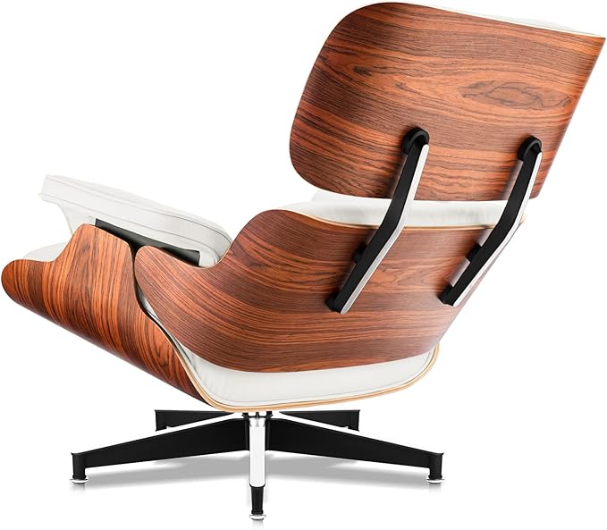 Top Grain Leather, Mid Century Chaise Lounge Chair and Ottoman, Modern Chair Classic Design, Heavy Duty Base Support for Living Room Study Lounge Office, Palisander-White, Heightening