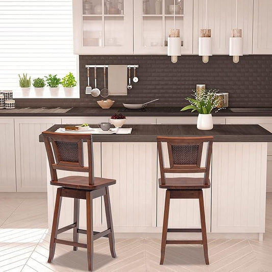 COSTWAY Bar Stools Set of 4, 24.5 Inch Counter Height Bar Stool with Rattan Back, 360°Swivel Seat, Comfortable Footrests, Rubber Wood Bar Stools for Kitchen Island, Dining Room, Cafe, Pub (4)