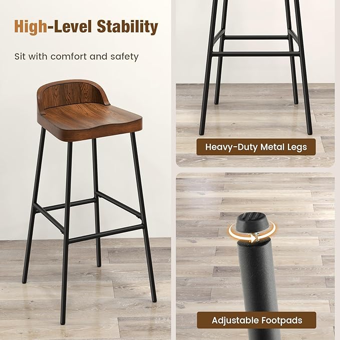 COSTWAY Bar Stool Set of 4, 29'' Industrial Pub Stool with Low Backrest and Footrest, Metal Legs, Breakfast Counter Height Chair for Island Living Room Kitchen Bar, Rustic Brown & Black
