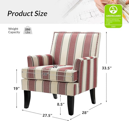 HULALA HOME Modern Accent Chair with Arms and Wooden Legs, Striped Accent Chair Armchair High Back Rest, Padded Armrest and Comfortable Cushioned Seat for Living Room (Stripe Red)