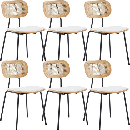 Mid-Century Modern Rattan Cane Back Dining Chairs Set of 6 — PU Leather Upholstered Seat, Black Metal Legs, Kitchen Side Chairs for Kitchen & Dining Room, White