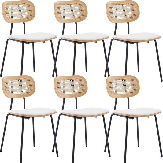 Mid-Century Modern Rattan Cane Back Dining Chairs Set of 6 — PU Leather Upholstered Seat, Black Metal Legs, Kitchen Side Chairs for Kitchen & Dining Room, White