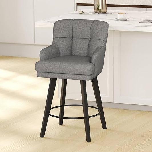 360°Swivel Counter Height Bar Stools with Back, 26 inch Solid Wood Legs, Bar Stool Modern Kitchen Island Chairs, Fabric (Mid-Grey- Fabric, 26" H- Set of 1)