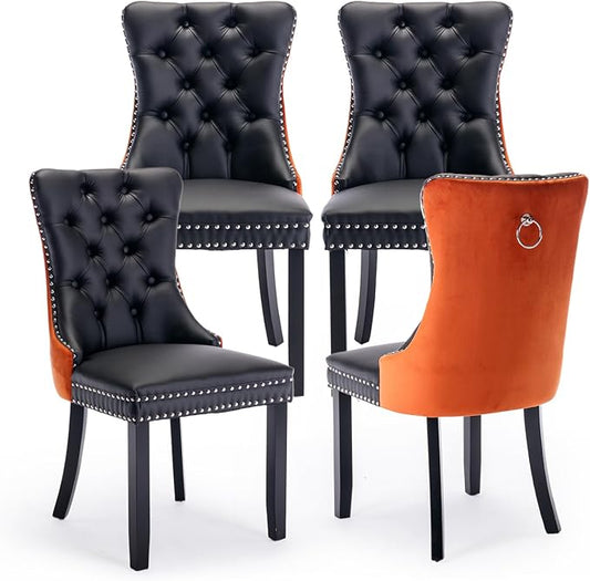 Pu Upholstered Dining Chairs Set of 4, Modern Style Kitchen Side Chairs with Nailhead Trim and Wood Leg, Metal Pulling Ring for Dining Room Living Room(Black&Orange,Set of 4)
