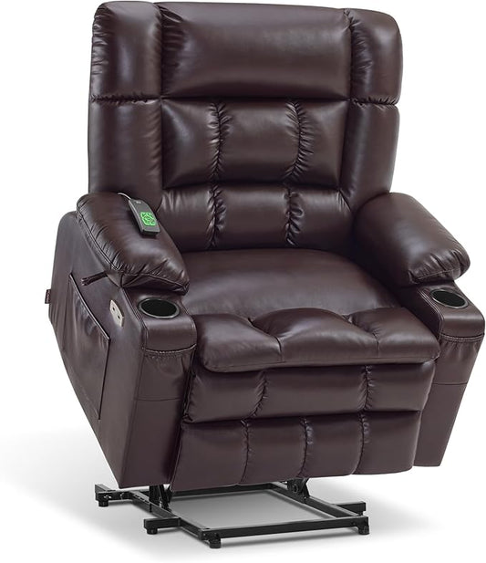 MCombo Dual Motor Power Lift Recliner Chair for Elderly, Lay Flat Lift Chair with Heat and Massage, Extra Wide Lift Recliner for Big People, Cup Holders, Faux Leather R7897 (Dark Brown, Medium-Wide)