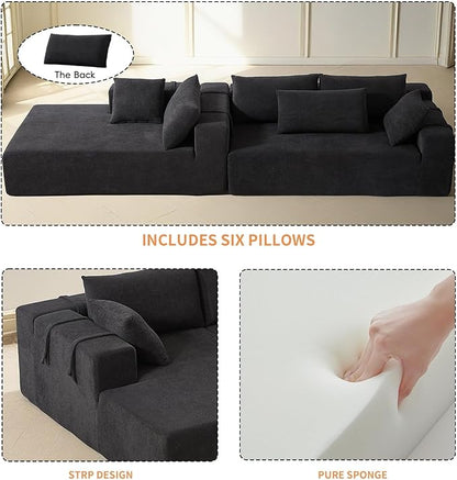 108" Modular Sectional Couch Sofa with L-Shape Chaise, Modern Cloud Comfy Sofa with Deep Seat, Upholstered Couches for Living Room Bedroom, No Assembly Required (Black Left Facing Chaise)