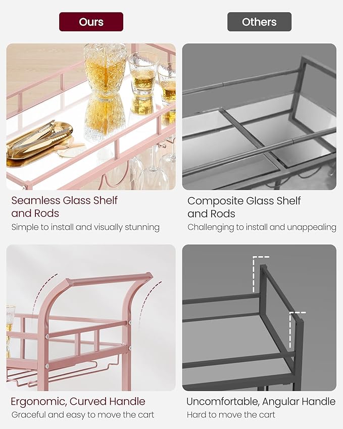 VASAGLE Bar Cart Gold, Home Bar Serving Cart, Wine Cart with 2 Mirrored Shelves, Wine Holders, Glass Holders, for Kitchen, Dining Room, Rose Gold ULRC090A07