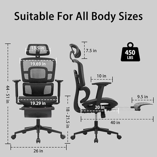 Ergonomic Office Chair with Footrest, 4D Adjustable Armrests, Comfy Swivel Rolling Mesh Computer Desk Chair with Lumbar Support, Wheels for Office, Home, Gaming, S2 Elite