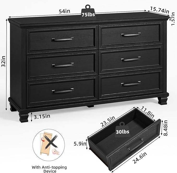 Farmhouse Black Bedroom Sets of 4, Includes 6 Drawer Large Dresser, Vintage Night Stand with 3 Drawers, Small 5 Chest of Drawers, Wood Rustic Dresser & Nightstand Set for Home, Living Room