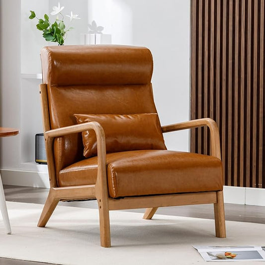 ANJHOME Mid Century Modern Accent Chair with High Back, Single Lounge Armchair with Solid Wood Frame, Comfy Reading Chair for Living Room, Easy Assembly