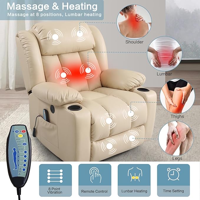 PARKOL Power Lift Recliner Chair for Elderly Breathable Leather Recliner Chair with Massage and Heat for People Limited Mobility (Beige, Small)