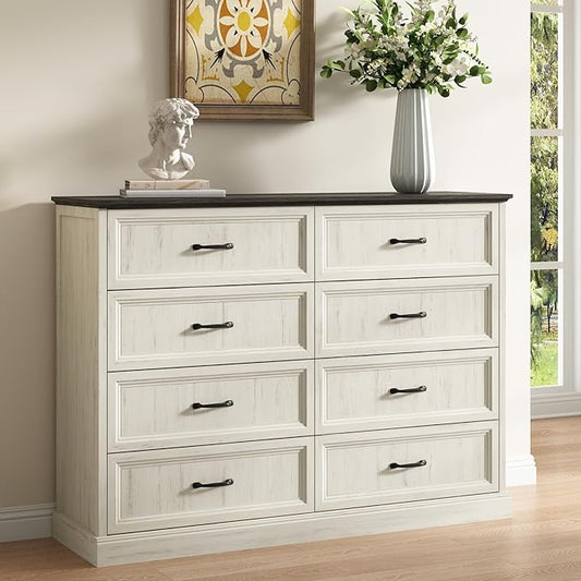 CARPETNAL Farmhouse 8 Drawer Dresser for Bedroom, 55 Inch Wide Modern White Dresser TV Stand with Large Drawers & Bar Handles, Rustic Wood Chest of Drawers for Bedroom, Living Room, Hallway, Entryway.