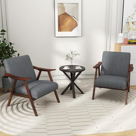 Giantex Mid-Century Modern Accent Chair Set of 2, Upholstered Comfy Living Room Chair with Arms, Anti-slip Felt Pads, Wooden Frame Soft Padded Armchair for Living Room Bedroom Office Study, Light Grey