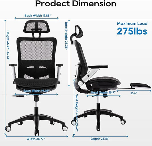COLAMY Ergonomic Office Chair with Footrest, High Back Mesh Desk Chair with Adjustable Lumbar Support, 3D Armrests, Headrest, Recline Function, Rolling Swivel Task Chair for Home Office (Graphite)
