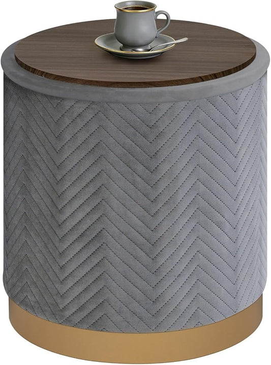 B FSOBEIIALEO Ottoman with Stroage, Round Velvet Storage Ottoman with Gold Plating Base,Foot Rest Stool for Dorm Room, Living Room Grey, 16.73"x16.73"x17.72"