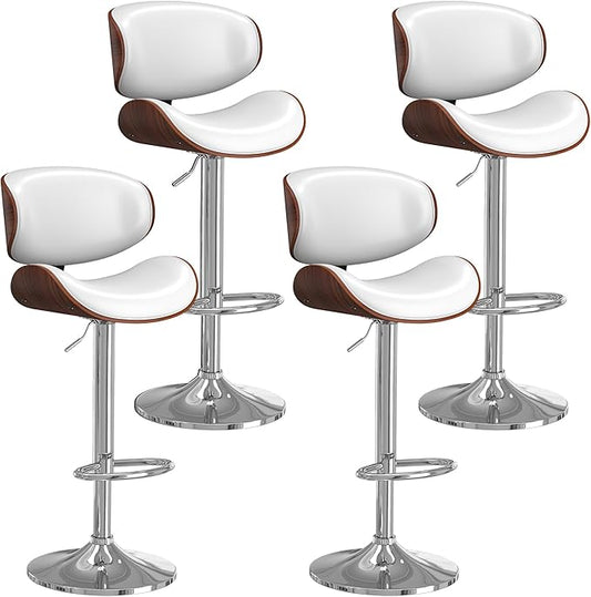 Bar Stools Set of 4, Bar Stools for Kitchen Island with Bentwood Back and Leather Seat, Swivel Barstools for Kitchen Counter, Bar, White