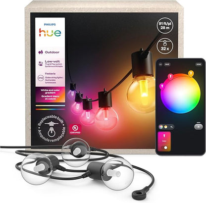 Philips Hue Festavia Globe Outdoor String Lights, White and Color Ambiance, 91ft, 32 Bulbs, Dimmable, Control with Hue App, Works with Alexa, Google Assistant, Apple Home