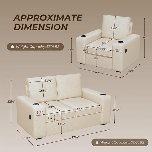 Furnimart 3-Seater Living Room Set Teddy Fabric, 58" Wide Loveseat & Accent Chair with USB Chargers, Cup Holders & High-Density Foam, Modern Sofa & Armchair Set for Apartment, Living Room(2 Colors)