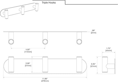 Gatco 1292MX Modern Decor Wall Hook, Coat Hat Towel Robe Hook. for Entryway Living Kitchen Bathroom Bedroom. 3-Hook, Study Matte Black on Premium Brass.