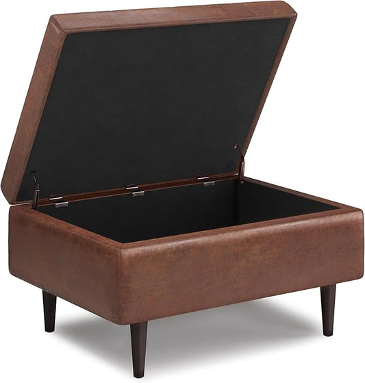 SIMPLIHOME Shay 34 inch Wide Mid Century Modern Small Rectangle Coffee Table Storage Ottoman in Distressed Saddle Brown Vegan Faux Leather, Assembled, For the Living Room, Entryway and Family Room