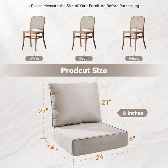 Luxury 6" Outdoor Cushions for Patio Furniture, 24x24x6" Thick Seat Cushion Set of 10, Fade Resistant Couch Chair Replacement Cushions High Density Deep Wicker Chair Cushion w/ Removable Cover, Beige