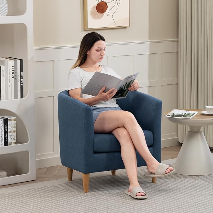 Accent Barrel Chair, Modern Comfy Living Room Chairs with Armrest Small Reading Chair with Cozy Soft Padded for Bedroom Reception Room Cafe, Blue