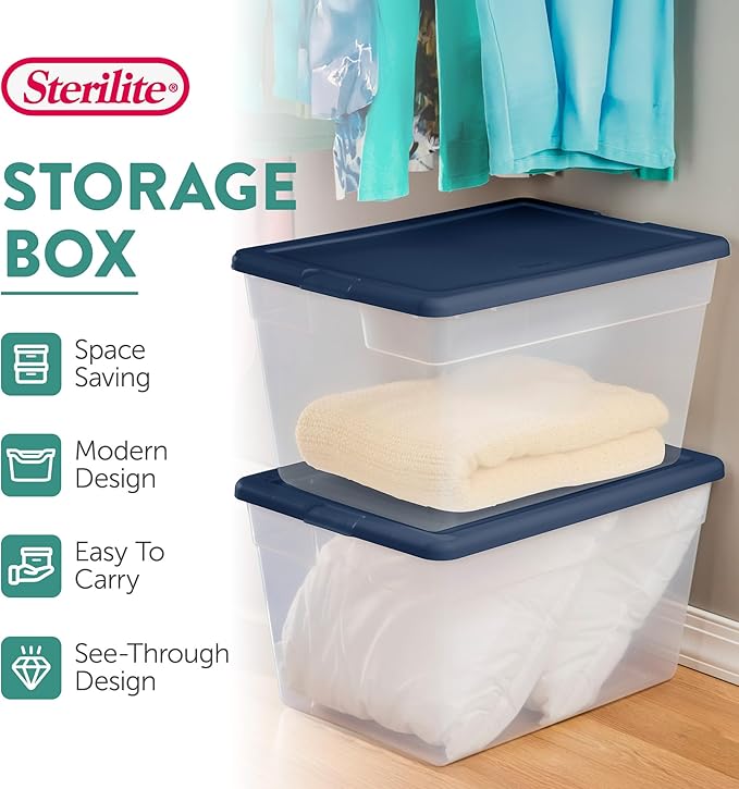 Sterilite 8-Pack Storage Box, Plastic Container Bins with Lids, 56 Quart, Marine Blue - Heavy-Duty Organizing Containers for Closet, Bathroom, and Office
