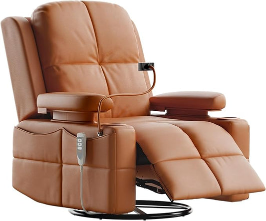Triple Motor Power Swivel Rocker Recliner Chair with Adjustable Armrests for Adults Elderly, FSC Certified Faux Leather Rocking Chair Nursery for Breastfeeding(Brown)