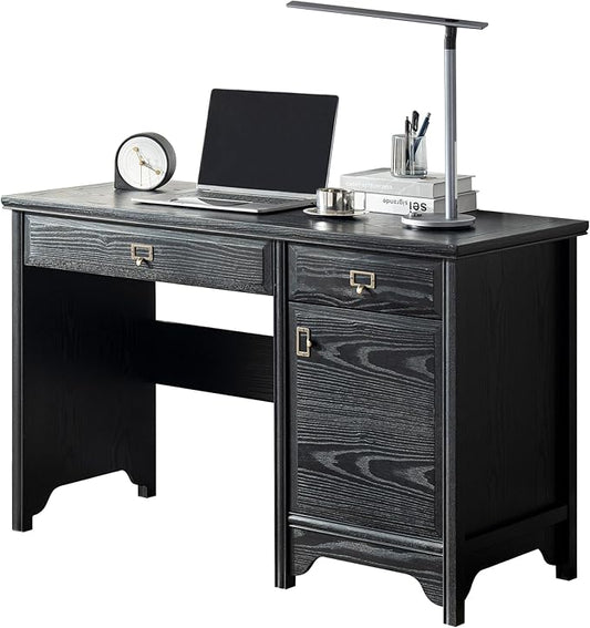 Chogori 47" Solid Wood Executive Desk, Farmhouse Office Computer Desk with 2 Drawers & Storage Cabinet, Wooden Writing Table for Home Office Study Bedroom, Black