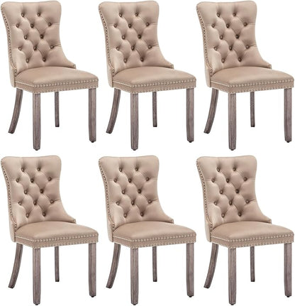 Velvet Dining Chairs Set of 6, Upholstered Dining Room Chairs with Nailhead Ring Pull Trim, Button Tufted Wing Back Chairs for Dining with Solid Wood Legs for Kitchen Dining Room(Khaki)