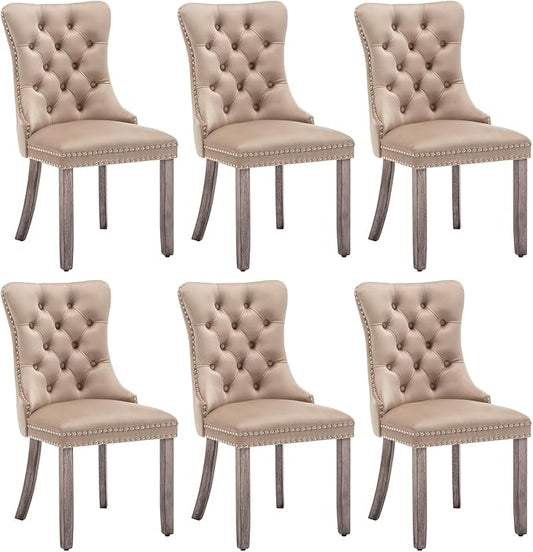 Velvet Dining Chairs Set of 6, Upholstered Dining Room Chairs with Nailhead Ring Pull Trim, Button Tufted Wing Back Chairs for Dining with Solid Wood Legs for Kitchen Dining Room(Khaki)