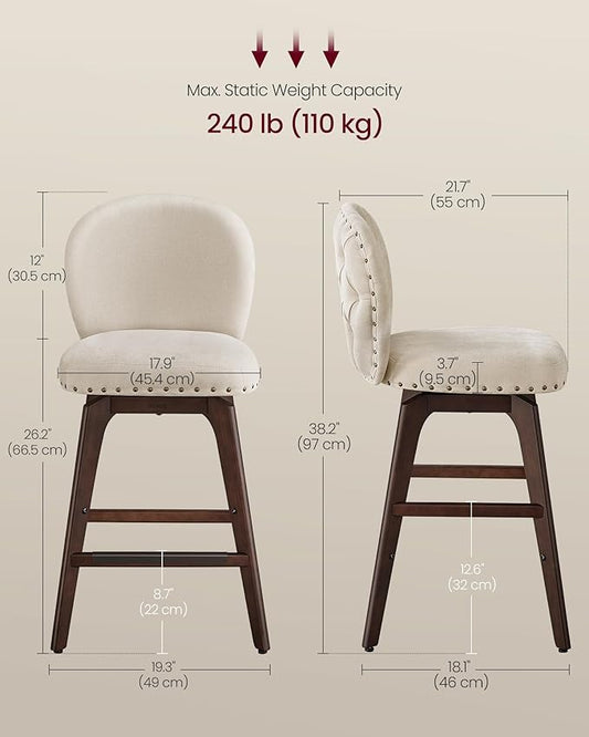 VASAGLE Bar Stools Set of 4, Swivel Counter Height Bar Stools with Back and Wood Legs, Chenille Fabric Upholstered Barstools, 26.2-Inch Tall Counter Barstools for Kitchen Island, Cappuccino Beige